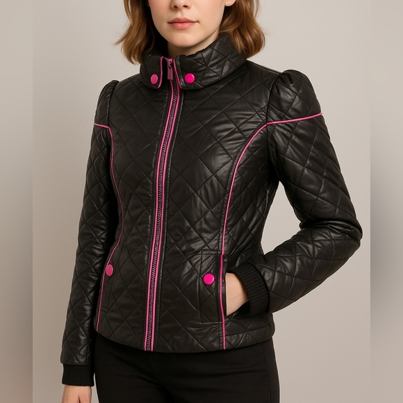 SUGARFLY Quilted Puffer Moto Jacket Coat Zip Up Pockets Black Neon Pink Medium - Picture 13 of 13